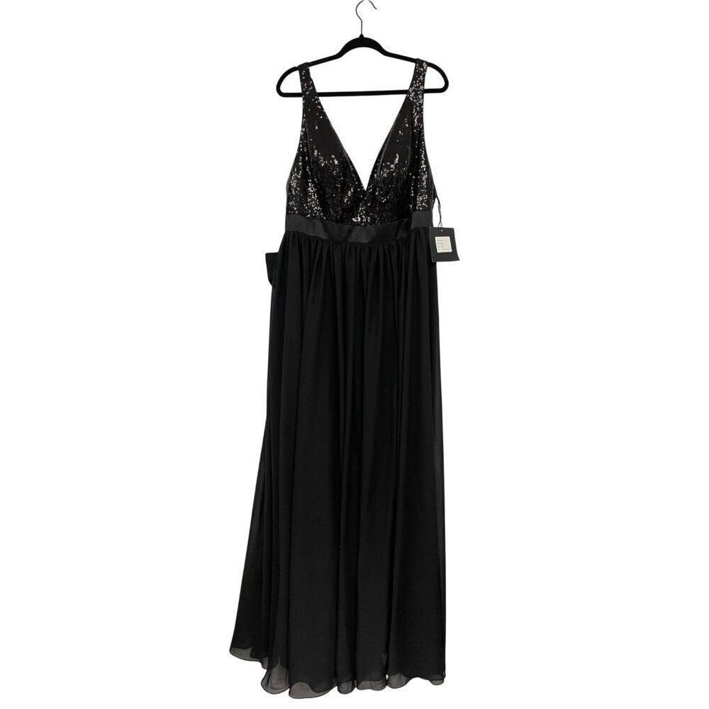 MACloth Womens Gown Dress US 16W Evening Black Sequin V-Neck Sleeveless NWT